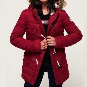 SUPERDRY Tall Marl Toggle Puffle Jacket Burgundy Puffer Hooded Coat Size 2 US